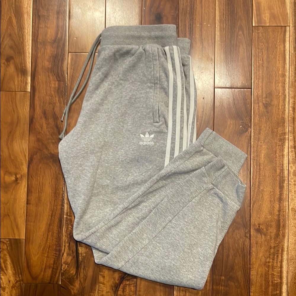 Adidas Gray Sweatpants with Three-Stripe Design